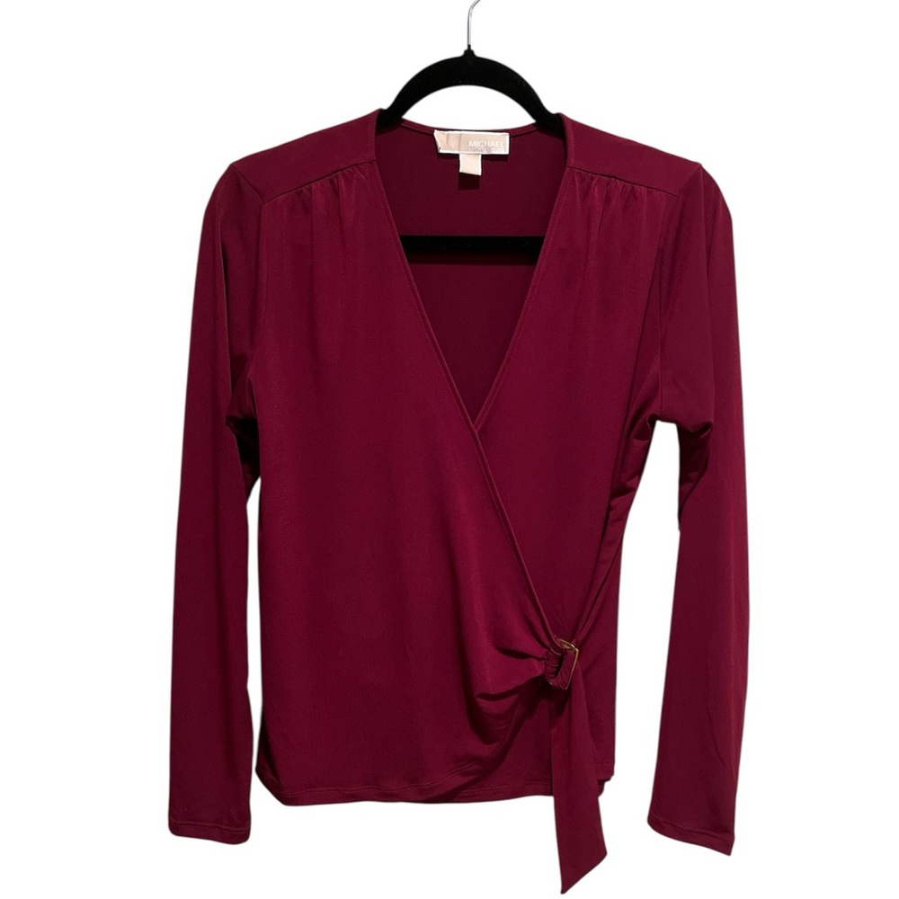 Michael Kors Maroon Red Long Sleeve Wrap Top Blouse Size Medium Gold Accent